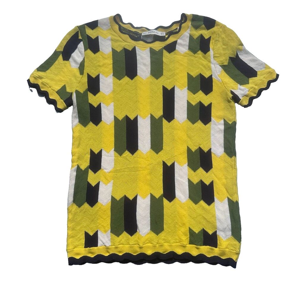 Zara Knit Women’s M Yellow Geometric Short Sleeve Sweater Top Retro Mod